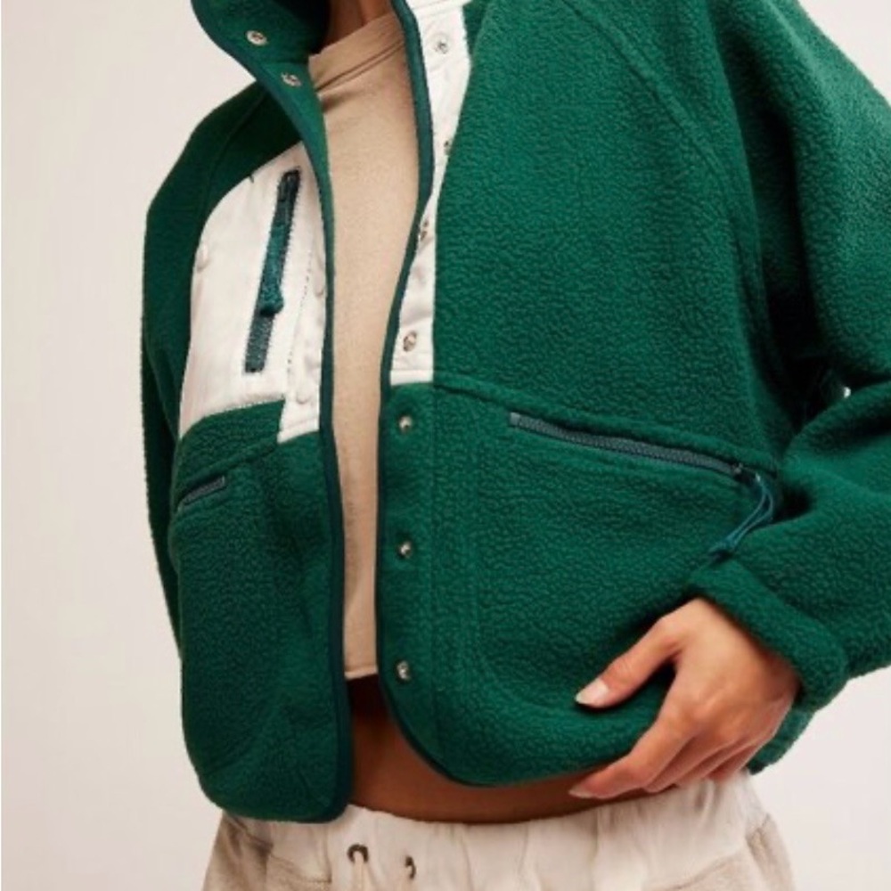 FP Movement by Free People Forest Green Teddy Jacket with Cream Trim